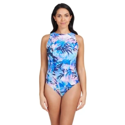 Image of Zoggs Women&#039;s Hi Front One Piece Swimsuit, Navy/Multi, 10