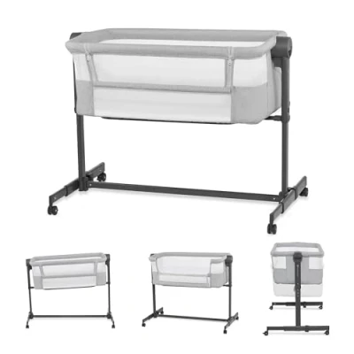 Image of KinderKraft Neste up 2 Bedside Crib, Travel Cot, Co Sleeping Bed, Ajustable Height, Foldable Side Wall, Transport Wheels, with Accessories, Cotton Sheet, for Newborn, 0 9 kg, to 6 Month, Gray