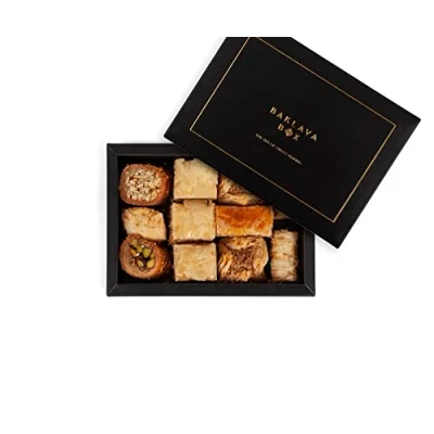 Image of 250g Assorted Baklava Gift Box Black, authentic, traditional arabic baklawa, luxury presentation box, handmade fresh backlava