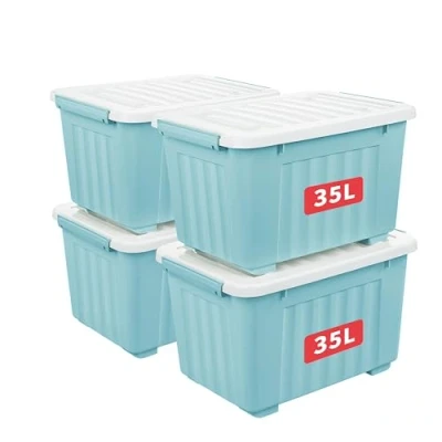 Image of Cetomo 35L*4 Aufbewahrungsboxen mit Deckeln, Kunststoff Aufbewahrungsbox Rollen und Clips, Kunststoffbox für Zuhause Büro, BPA frei, Nestbar, Stapelbar, Blau, 35L 4er Pack