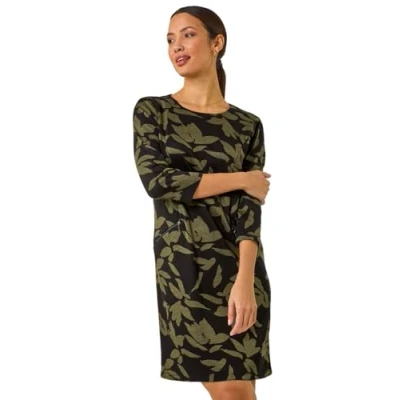 Image of Roman Originals Spot Print Zip Pocket Jersey Dress for Women UK Ladies Everyday Holiday Autumn Winter Round Neck 3/4 Sleeves Comfy Soft Evening Vacation Work Party Khaki Noir Size 20