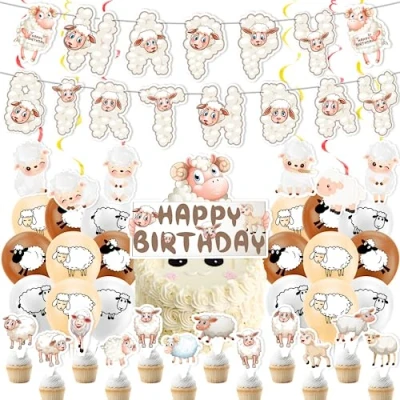 Image of Sheep Party Decorations Birthday Supplies Includes Happy Banner Spirals Cake Topper Cupcake Toppers Balloons for Themed Baby Showers