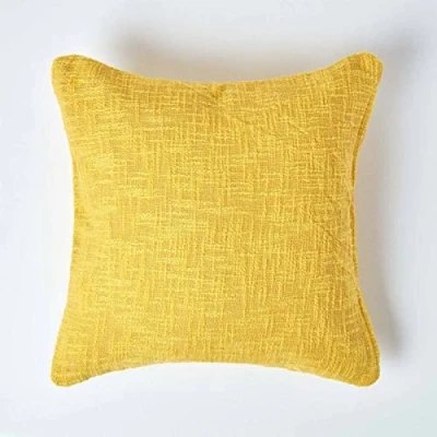 Image of HOMESCAPES Yellow Ochre 24 x Inch Nirvana Pure Slub Cotton Cushion Cover Coordinating with Matching Throws and Bedspreads