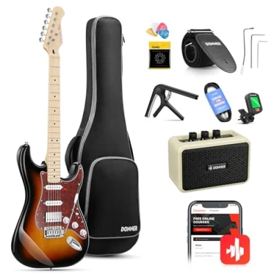 Image of Donner Electric Guitar, DST 152S 39&quot; Guitar Kit HSS Pickup Coil Split, Starter Pack for Adult Beginners with Amp, Bag, Accessories, Sunburst
