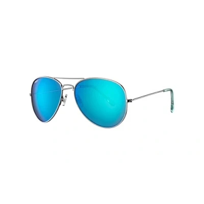 Image of Zippo Eyewear Flash Pilot Sunglasses UV400 Protection Logo Adult Unisex Made in USA Silver Frame, Ice Blue Mirror Lenses, Temple