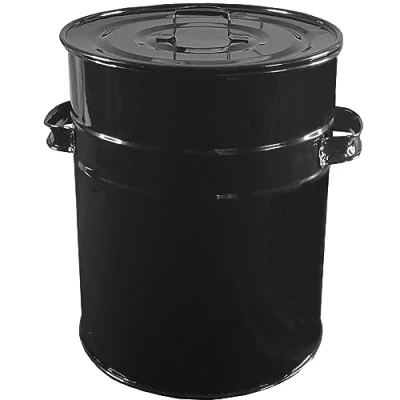 Image of 30L Black Ash Bin Bucket with Flat Lid &amp; Handles for Fireplaces Fire Pits Wood Coal Burning Stove Metal Charcoal Box Outdoor or Indoor 30 Litre Gloss