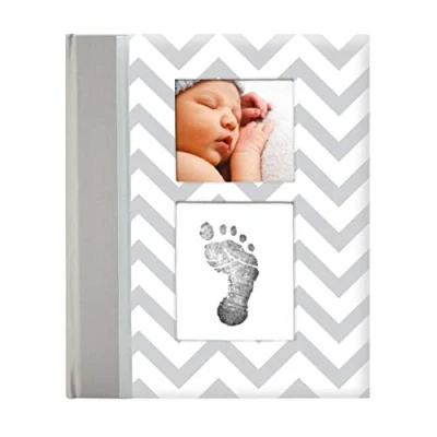 Image of Pearhead First 5 Years Chevron Baby Memory Book with Included Clean Touch Ink Pad to Create Baby&#039;s Handprint or Footprint, Keepsake Milestone Journal, Spanish Language, Grey