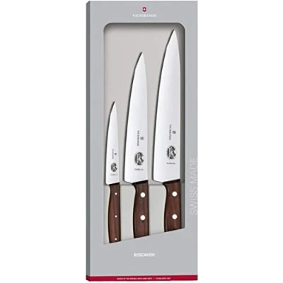 Image of Victorinox Wood, Carving Set, Set of 3, Straight Edge, Extra Sharp, Noble Wooden Handle, Brown
