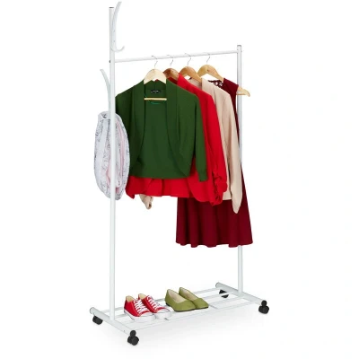 Image of Relaxdays Coat Rack with Castors, HxWxD: 165 x 80 44 cm, Metal, Shelf, Mobile Clothes Stand, Movable Wardrobe, White