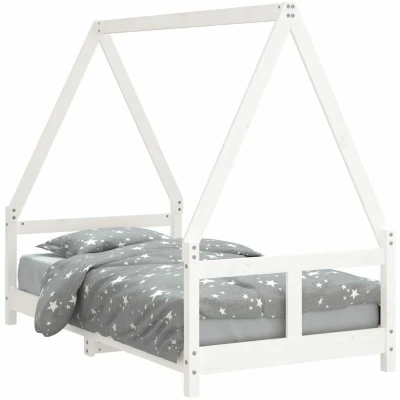 Image of vidaXL Solid Wood Bed White Pine Frame for Kids, Scandinavian Style Single with Tipi Design, Ground Level Safety
