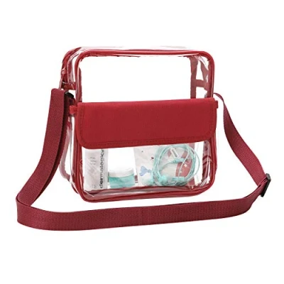 Image of QKURT Clear Crossbody Messenger Shoulder Bag with Adjustable Strap, Concert Stadium Approved Transparent Purse for Women Men, Waterproof &amp; Red