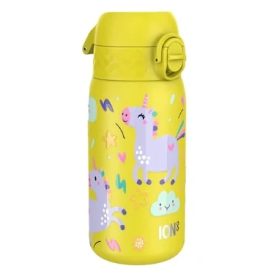 Image of Ion8 Kids Water Bottle, Steel 400 ml/13 oz, Leak Proof, Easy to Open, Secure Lock, Dishwasher Safe, Flip Cover, Carry Handle, Clean, Durable, Metal Raised Print, Yellow, Unicorns
