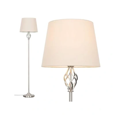 Image of MiniSun Traditional Style Satin Nickel Barley Twist Floor Lamp with a Beige Tapered Light Shade