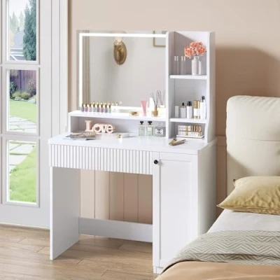 Image of Dripex Dressing Table with Mirror and Drawers, Vanity Desk Makeup Shelves Storage Cabinet Writing Adjustable Brightness Cosmetic Bedroom Dresser Furniture (White)