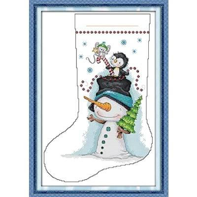Image of OWN4B Cross Stitch Kits Pre Printed, Christmas Stocking Snowman Stamped Pattern 11CT 17.7x25.2 inch DIY Embroidery Kit (Sock 13)