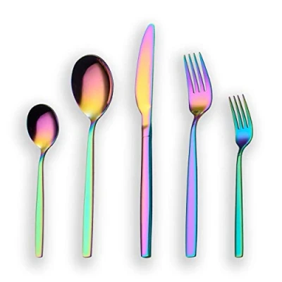 Image of Berglander 30 Piece Titanium Rainbow Color Plated Stainless Steel Cutlery Set, Pieces Colorful Flatware Mutil Silverware Set Sets, Service for 6 (Shiny Rainbow)
