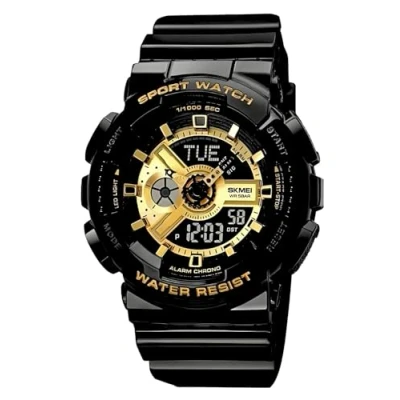 Image of SKMEI Men&#039;s Digital Sports Watch LED Square Large Face Analog Quartz Wrist with Multi Time Zone Waterproof Stopwatch Balck Gold