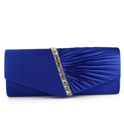 Image of ele ELEOPTION Womens Pleated Satin Diamante Ladies Envelope Handbag Wedding Bridal Prom Clutch Bag Evening Party Purse Chain (Royal Blue)