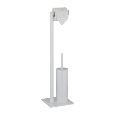 Image of Relaxdays WC Accessories Set, Standing Toilet Paper, Replaceable Brush &amp; Holder, HxWxD: 72 x 20 cm, White, 100% steel