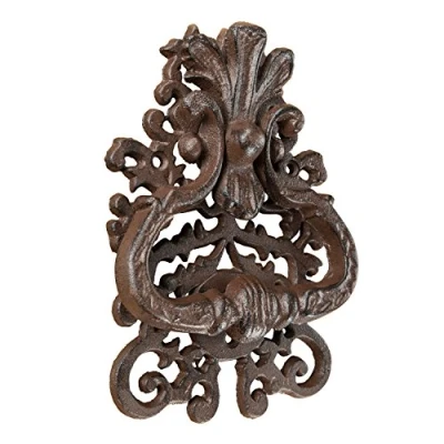 Image of HOMESCAPES Antique Style Decorative Door or Gate Knocker Brown Cast Iron with Ornate Swirl Design