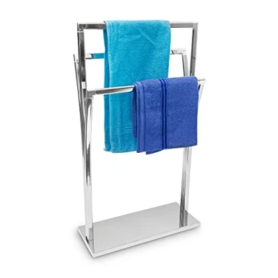 Image of Relaxdays Towel Rack Curved H x W D: 86 50 20 cm Free Standing Rail Small Clothes Butler in Stainless Steel Finish Bath Holder with 3 Rails Silver