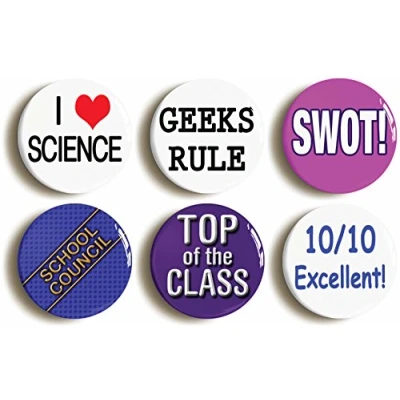 Image of 6 x SCHOOL DISCO GEEK FANCY DRESS BADGES PINS BUTTONS (1inch/25mm diameter)