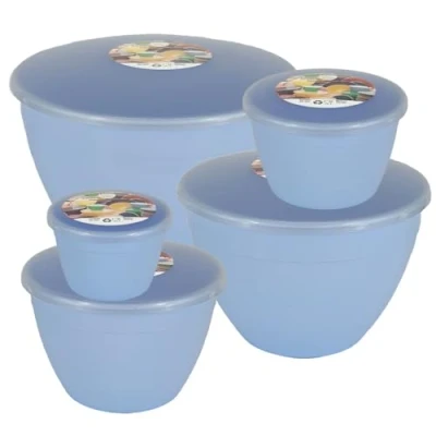Image of Just Pudding Basins Blue Space Saving Set of Plastic Steam Bowls and Lids 5 Popular Sizes Up to 3 Pints