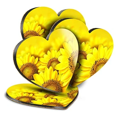 Image of Destination Vinyl ltd Great Coasters (Set of 4) Heart Yellow Sunflower Field Flowers Drink Glossy Coasters/Tabletop Protection for Any Table Type #14605