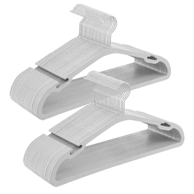 Image of SONGMICS Coat Hangers, Pack of 50, Heavy Duty Plastic with Wide Shoulder Notches, Trousers Bar, 360 Swivel Hook, Space Saving, 41.6 x 21.4 cm, for Wardrobe, Grey CRP060G01