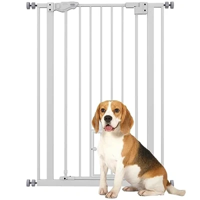Image of PawHut Extra Tall Dog Gate with Cat Flap, Pet Safety for Doorways Stairs Auto Close Double Locking, 104 cm 74 80 Wide, White