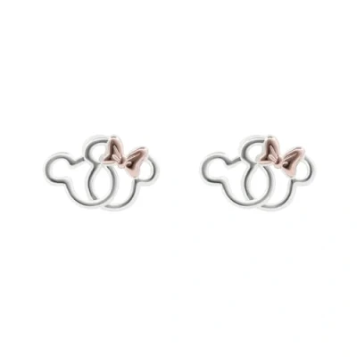 Image of Mickey and Minnie Mouse Girls Silver Plated 2 Tone Interlocking Silhouette Stud Earrings