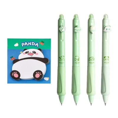 Image of 4 Erasable Ballpoint Pens, 1 Set of Sticky Notes, Cute Cartoon Student Stationery Gel Pens