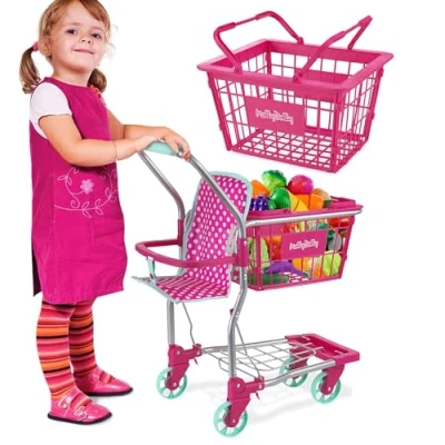 Image of Molly Dolly 2 in 1 Kids Shopping Trolley &amp; Basket Playset Toy Cart For