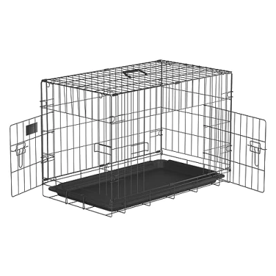 Image of 2 Doors Dog Cage 30&quot; Pet Cat Puppy Training Folding Metal Kennel Crate with Tray, Easy to Carrier and Transport, Black, 77.5 x 48.5 55.5cm