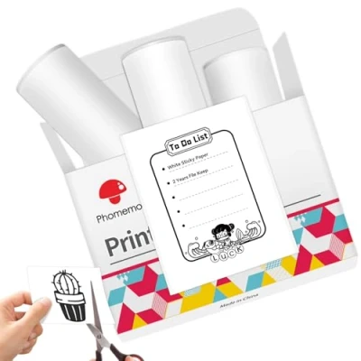 Image of Phomemo T02/M02X/M02L/Q02 Sticker Paper 3 Rolls of Self Adhesive Thermal Printer Paper, 53mm x 3.5m, 2 Years Preservation, Black on White for Pocket