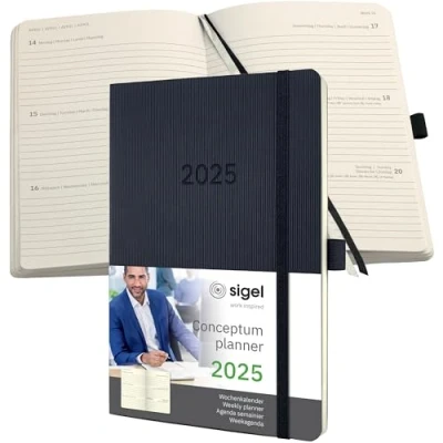 Image of SIGEL C2522 Conceptum Weekly Planner 2025, Approx. A5, Black, softcover, 2 Pages = 1 Week, 192