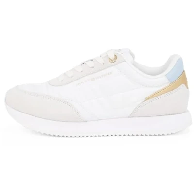 Image of Tommy Hilfiger Essential Runner Trainers, Women&#039;s, Size: 7, White/breezy blue Leather and textile