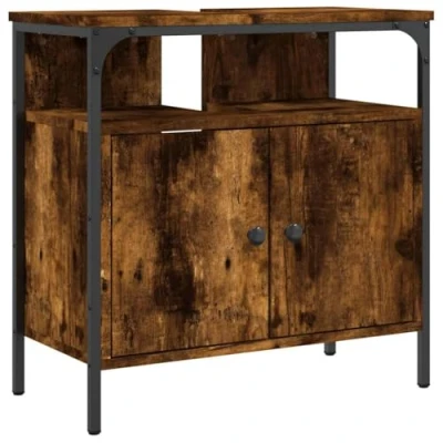 Image of vidaXL Bathroom Sink Cabinet in Smoked Oak 60x30x60 cm Engineered Wood with Powder Coated Steel, Ample Storage, Modern Design for Bath Decor
