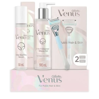 Image of Gillette Venus Shaving Set for Pubic Hair and Skin, 1 Handle, 2 Razor Blades, in Cleanser Gel Women, 190 ml, Soothing Serum Intimate Care 50 ml