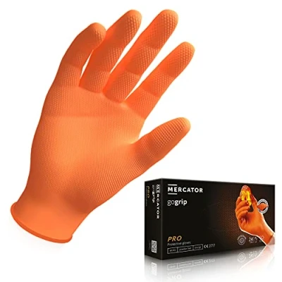 Image of MERCATOR MEDICAL Nitrile Gloves GoGrip Orange, Size: XL 50 Pcs, Disposable Protective Gloves, Powder Free, Examination Latex 3X Thicker, Diamond Texture