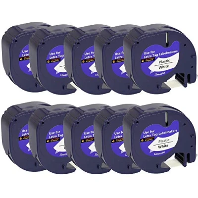 Image of Cartridges Kingdom 10 Compatible 91201 S0721610 12mm x 4m Black on White Plastic Label Tapes for DYMO LetraTag Printers