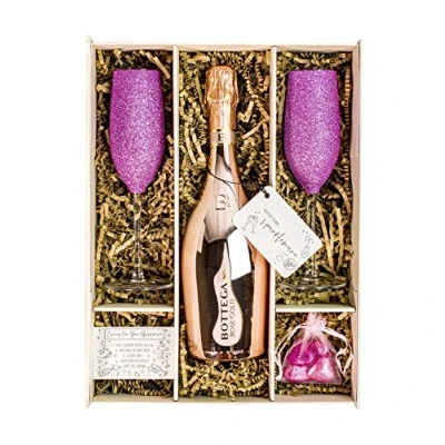 Image of Bottega Rose Gold Sparkling Wine 75cl Gift Set Hamper With Pink Flutes, Chocolates And Box Birthday for Women Personalised Message (Sparkling Tops)