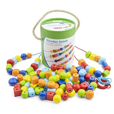 Image of New Classic Toys 10574 Large Wooden Lacing Beads Educational Color Perception Toy for Preschool Age Toddlers Boys Girls, 96 Pieces