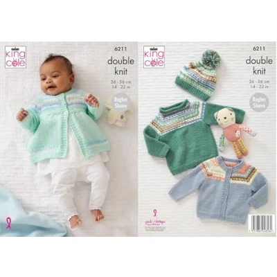 Image of King Cole Knitting Pattern Double Knit Baby Cardigan Sweater Matinee Coat &amp; Hat (6211)