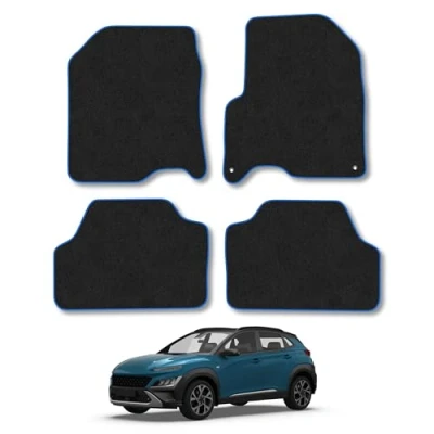 Image of Car Mats Compatible with Hyundai Kona Electric (2017 2023) Tailored Fit Blue Carpet Floor Set Accessory Custom 4 Pieces Anti Slip Backing &amp; Binding Trim Edge