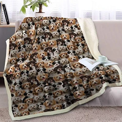 Image of BlessLiving Fuzzy Dogs Blanket For Kids Adults Cute Puppy Fleece Reversible Animal Pattern Sherpa Throw Twin/Double (Havanese,150x200cm)