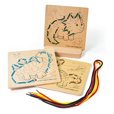 Image of Bigjigs Toys, Lacing By Numbers Dinosaur, Wooden Toy, Threading Toys For 3 Year Olds, Toddler Fine Motor Skills