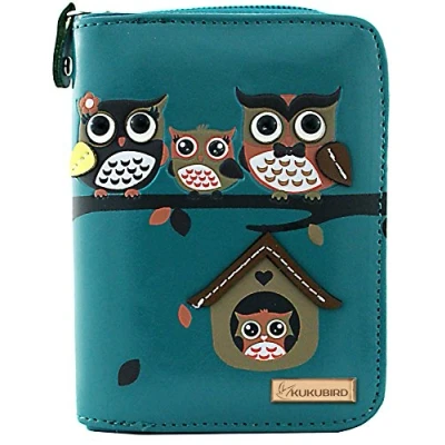 Image of kukubird RFID Blocker Owl Family Tree House Pattern Medium Ladies Purse Clutch Wallet Christmas Stocking Filler Blue