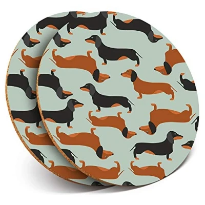 Image of 2 x Round Coasters Dachshund Sausage Dog Print Cork Backed Home Kitchen Accessory Tea Coffee Mug Mat #14369