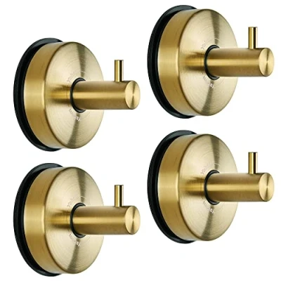 Image of YOHOM 4 pcs Suction Cup Towel Hooks Stainless Steel Bathroom Sucker Shower Hook Holder for Kitchen Wall Heavy Duty Hanger Coat Robe No Drill Gold